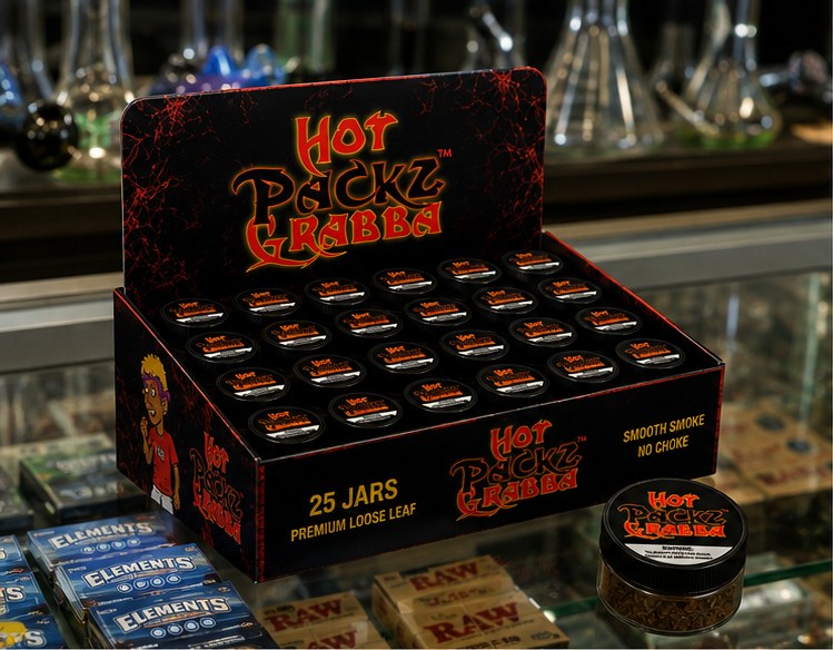 Hot Packz Grabba 25-jar grabba case on a smoke shop counter